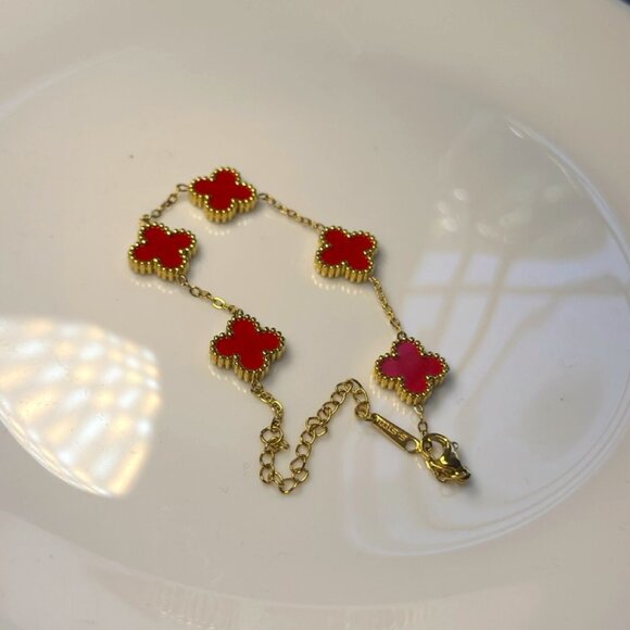 Jewelry - Rouge Clover Bracelet: Red Enamel Charm Chain in 14k Gold-Filled over Stainless